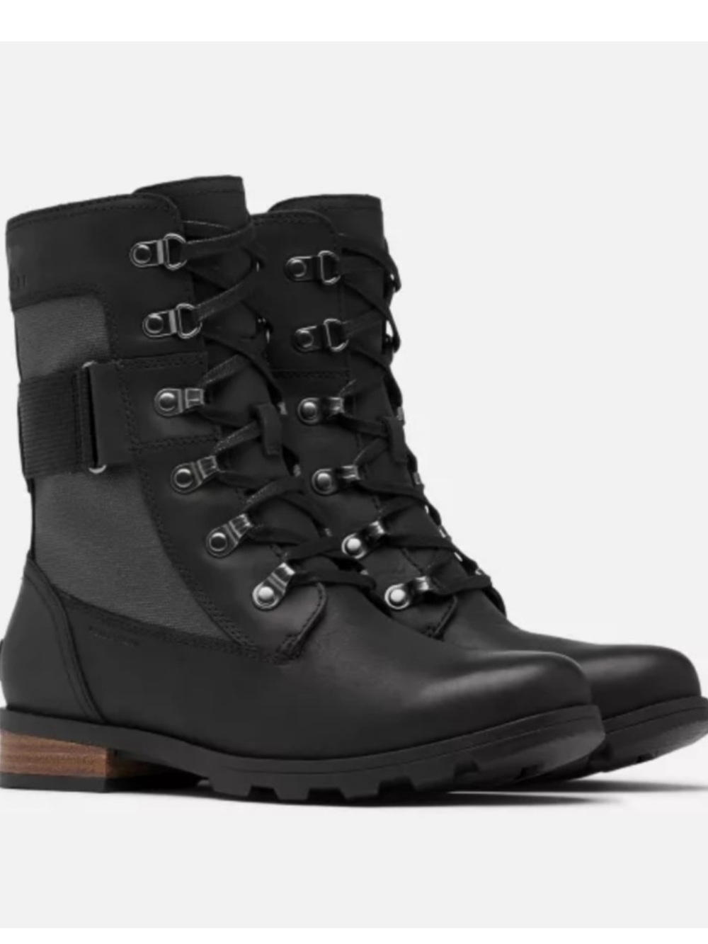 Sorel Emelie Conquest Black Leather Waterproof Lace-Up Side Zip Combat Boots